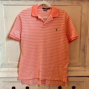 Ralph Lauren Polo Short Sleeved Golf Shirt Coral and White Stripes